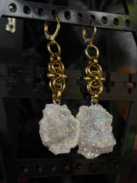 GOLD GLACIER - Mini Druzy Quartz Chunk Ear Hangers
