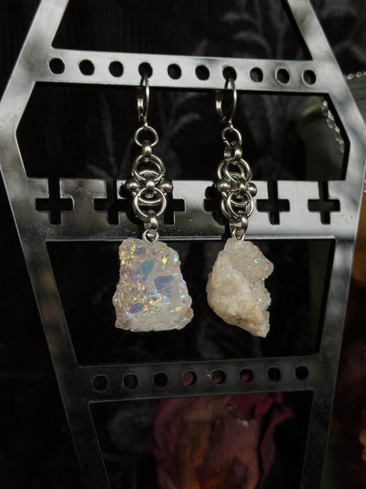 SILVER GLACIER - Mini Druzy Quartz Chunk Ear Hangers