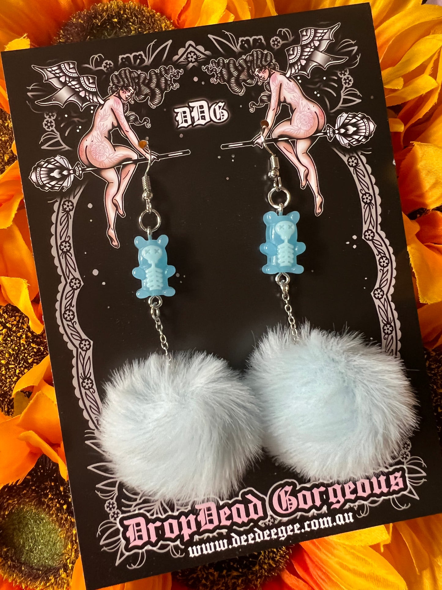 GUMMY SCARES - Aqua Pompom Earrings