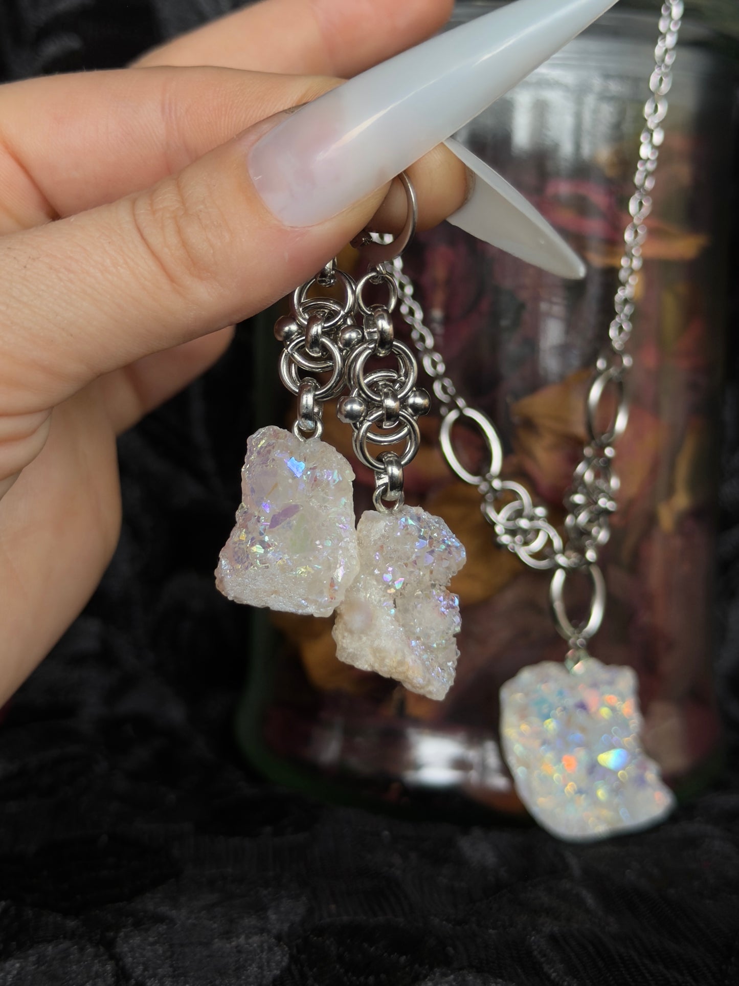 SILVER GLACIER - Mini Druzy Quartz Chunk Ear Hangers