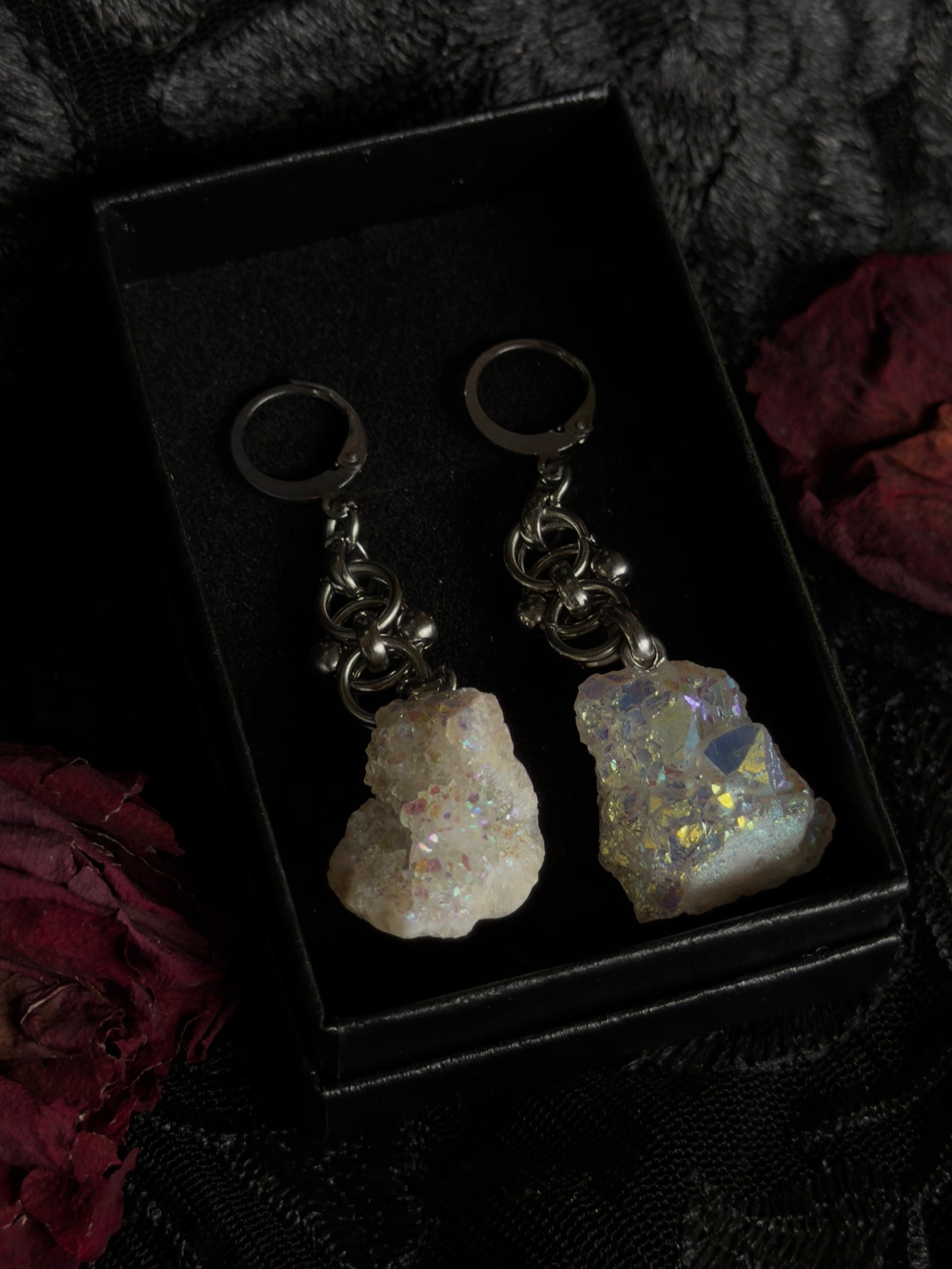 SILVER GLACIER - Mini Druzy Quartz Chunk Ear Hangers