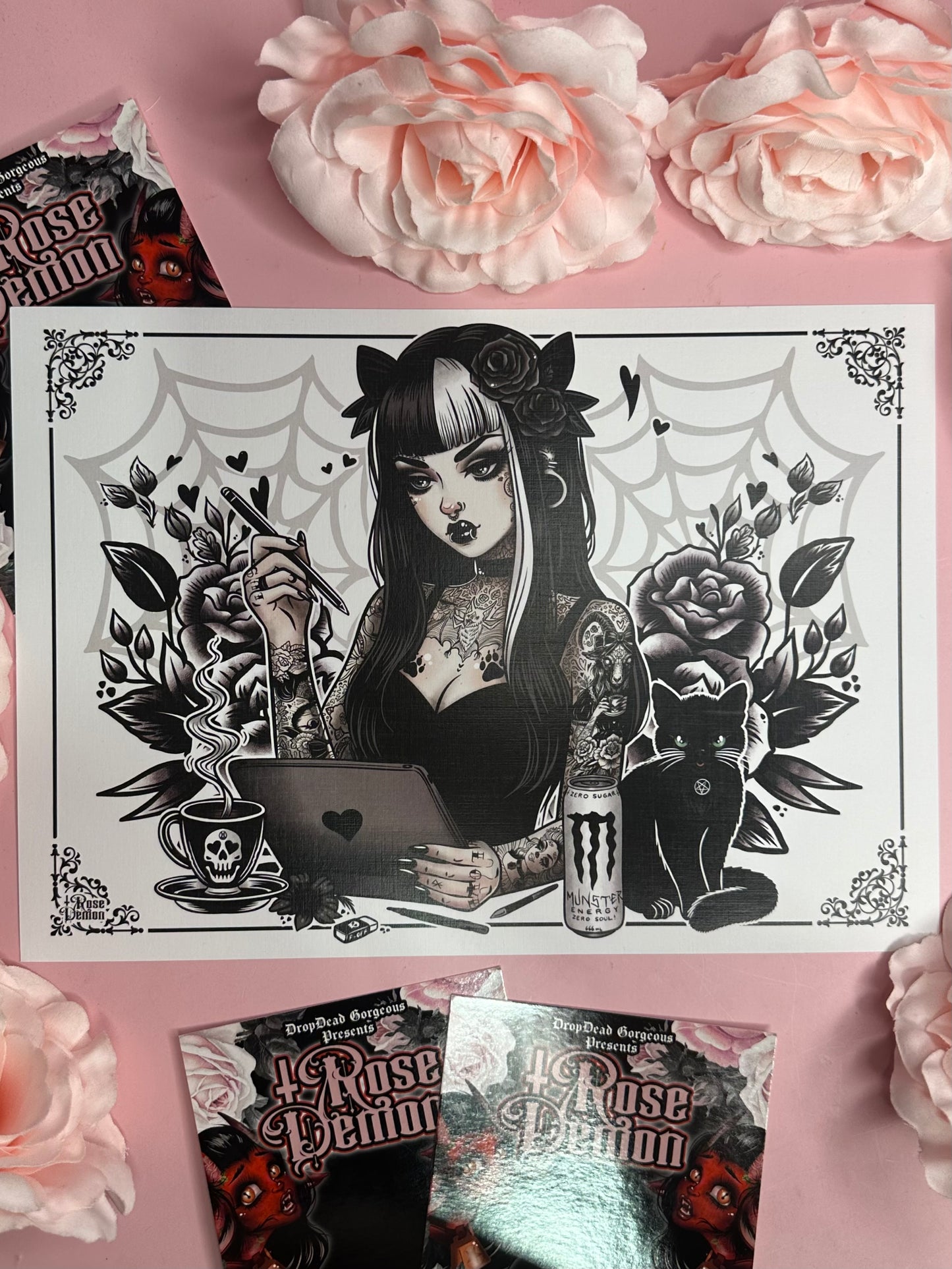 SELF PORTRAIT & HER CAT LUCIFER - ROSE DEMON A4 canvas print