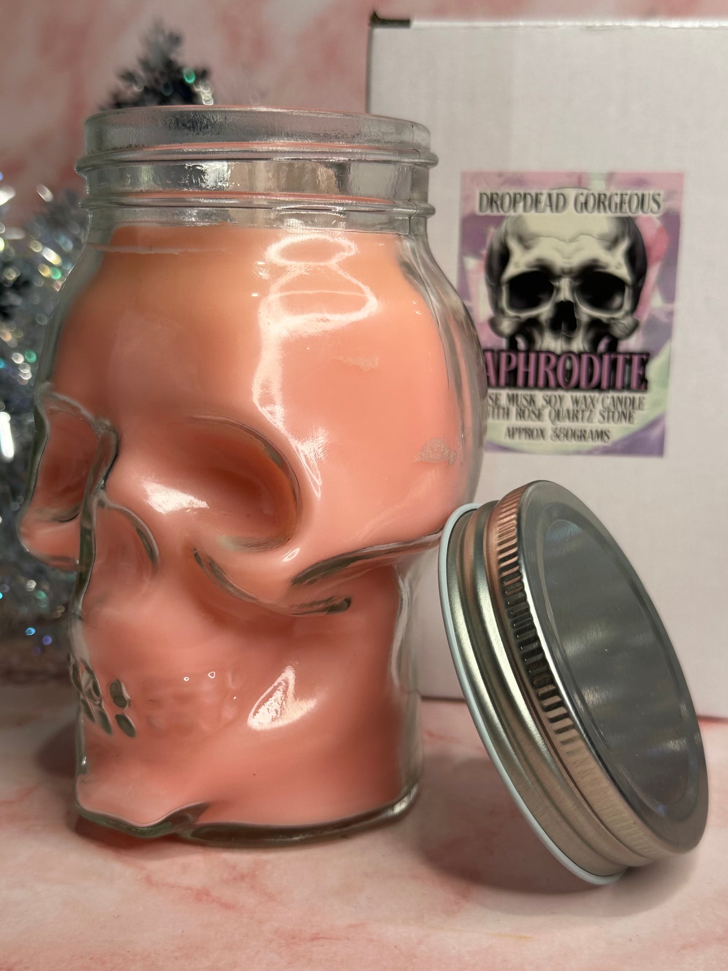 APHRODITE - Rose Musk crystal skull head soy candle