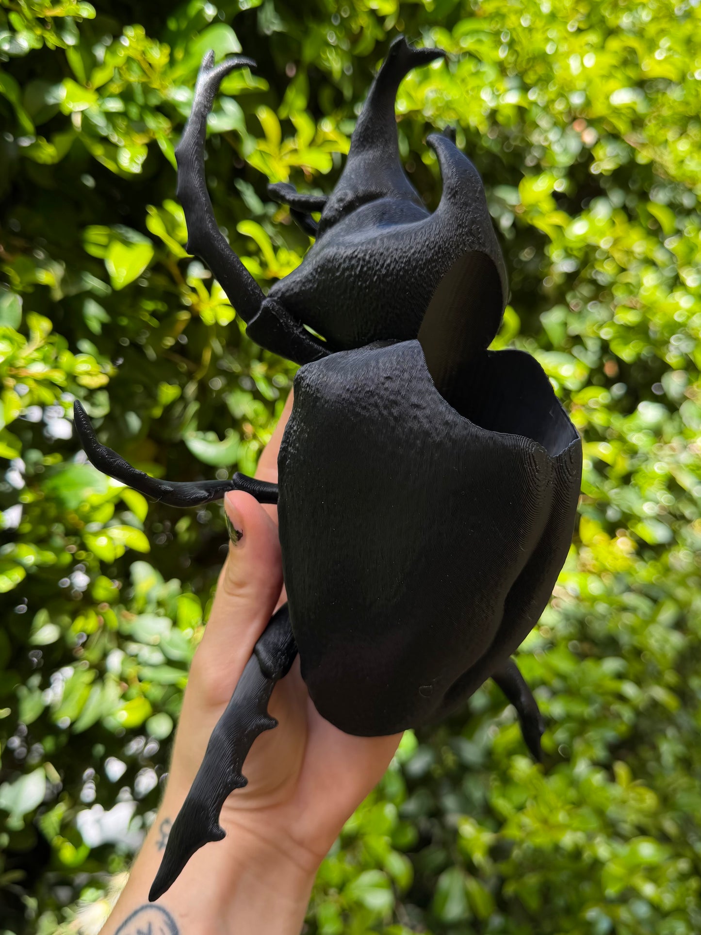 Black beetle-shaped object held by a hand with a green leafy background